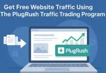 Illustration of a laptop with PlugRush logo and traffic growth chart promoting free website traffic trading.