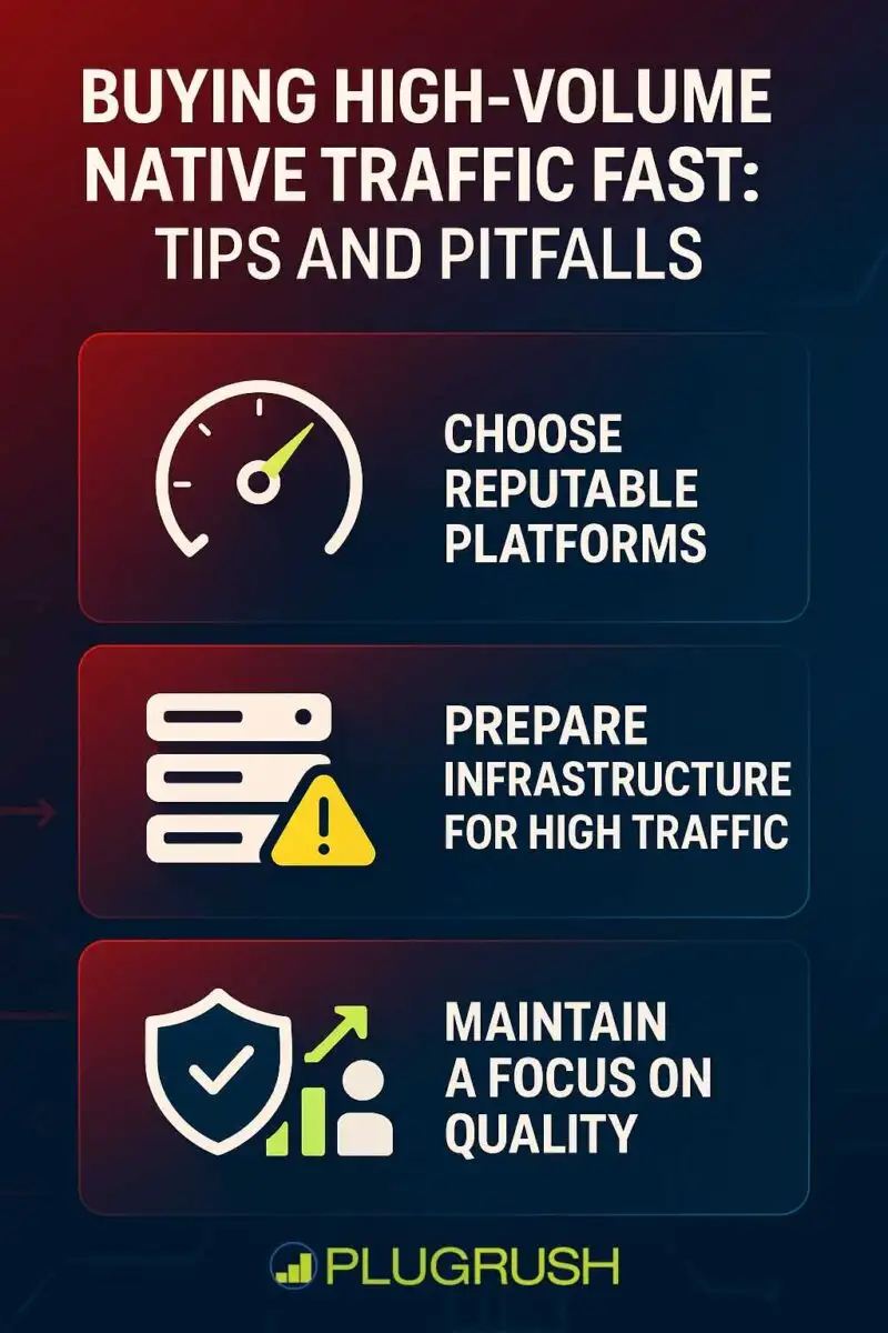 Infographic with PlugRush logo showing tips for buying high-volume native traffic: platform choice, prep, and quality.