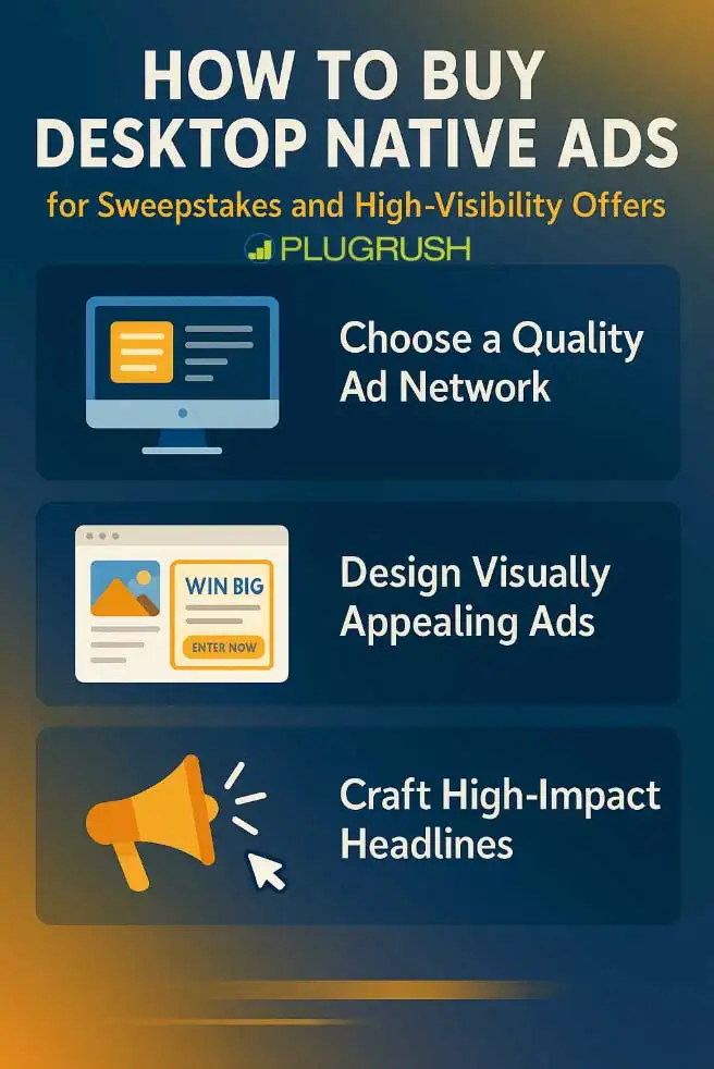 A vibrant graphic showing how to buy desktop native ads with 3 easy steps.