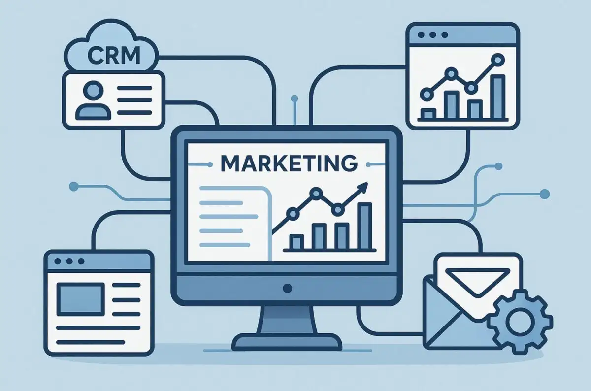 A marketing flow chart with graphs and CRM and a mail icon representing emails.