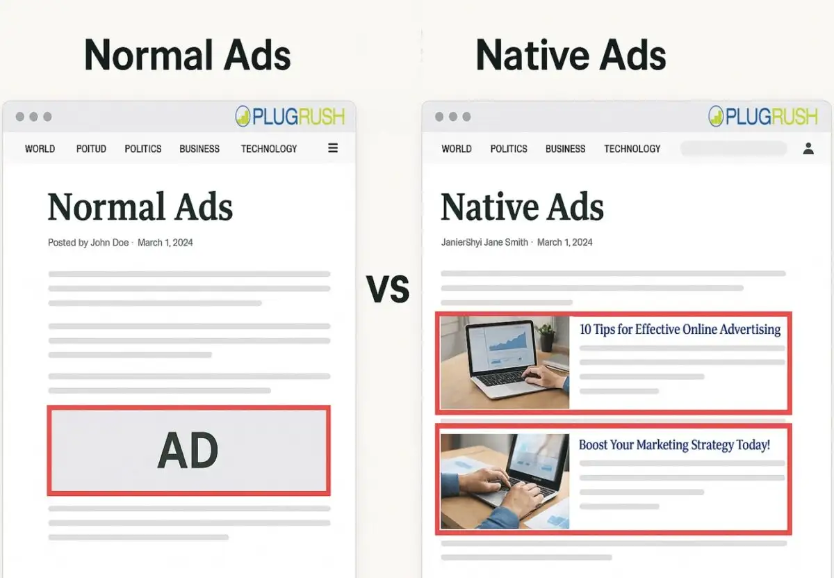 Graphic showing what normal ads look like compared to what native ads look like on a website.