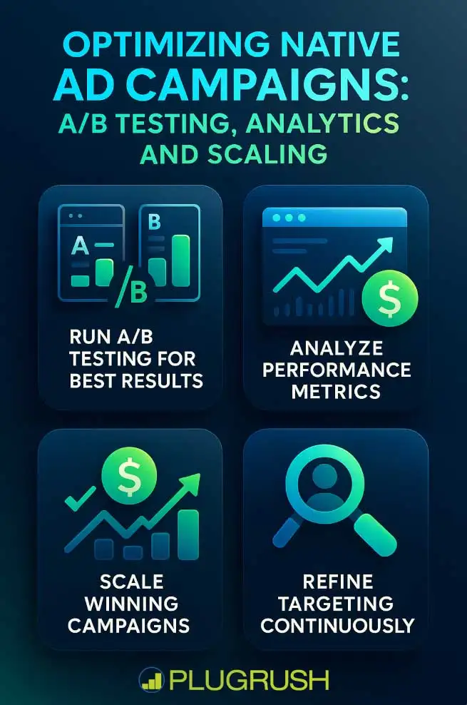 PlugRush infographic on optimizing native ad campaigns with A/B testing, analytics, scaling, and refined targeting.
