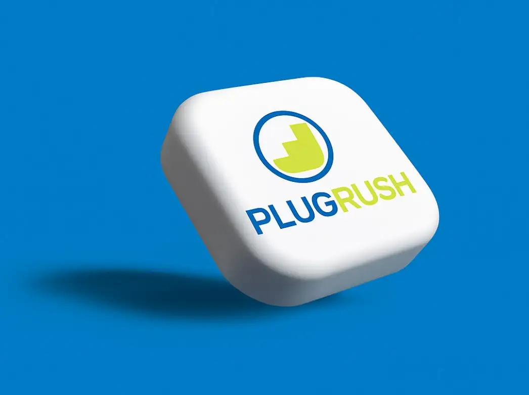 A white floating 3D object with the PlugRush logo and text enscribed on it.