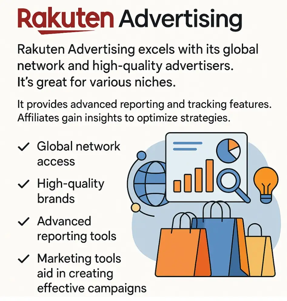 Rakuten Advertising graphic showing various strengths their affiliate program offers.
