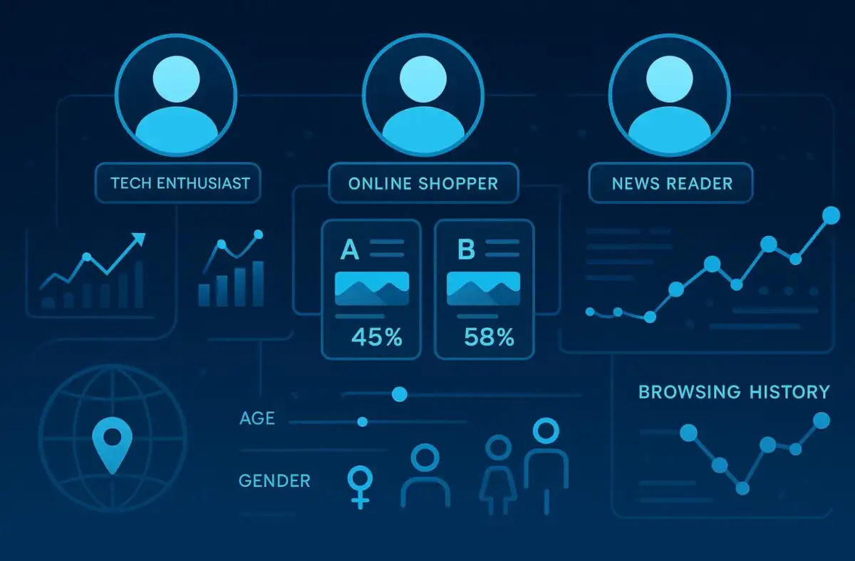 Various graphics including a tech enthusiast, an online shopper and news reader and their statistics.