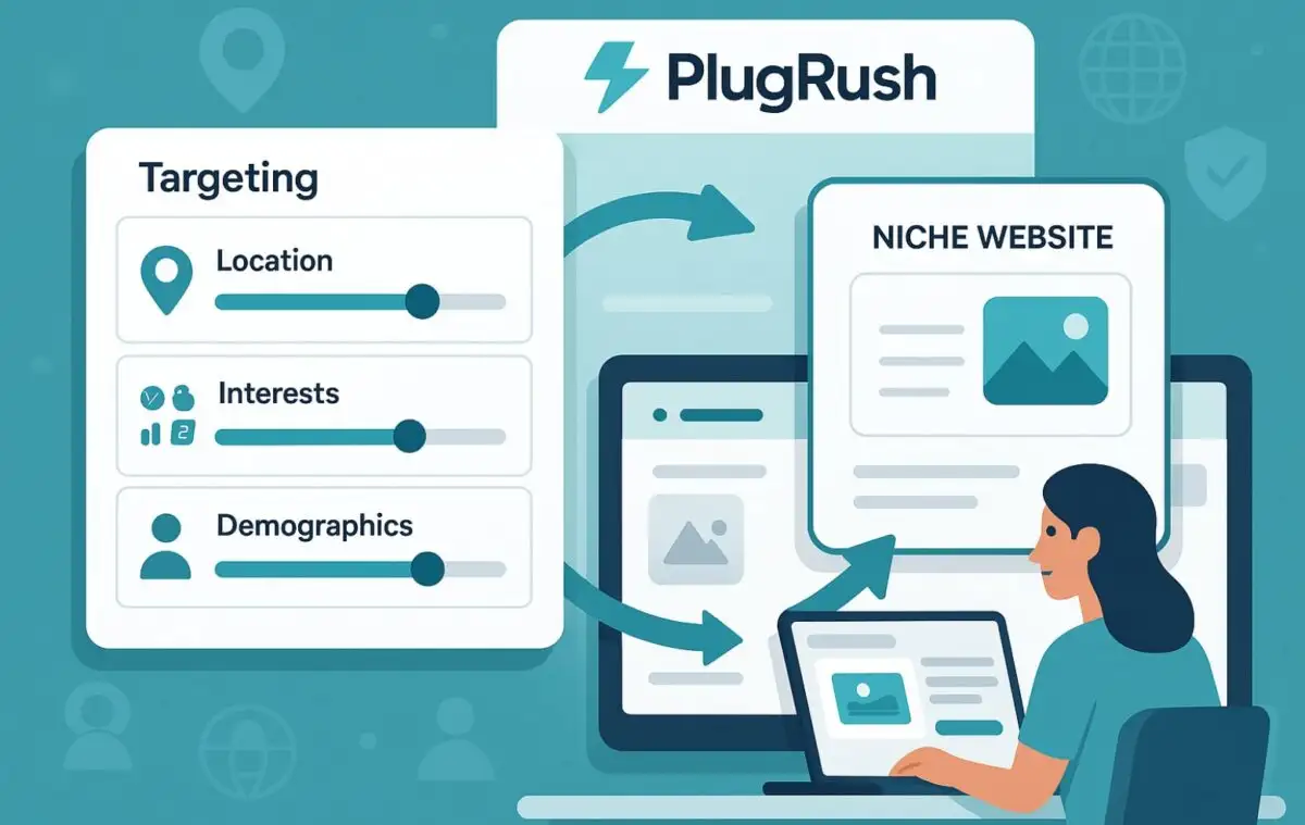 User customizing PlugRush targeting settings to drive niche traffic using location and interest filters.