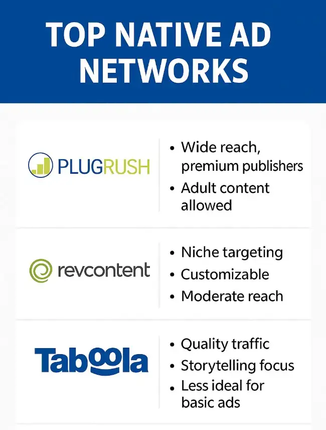 An infographic showing the top 3 native ad networks including PlugRush, Revcontent and Taboola.