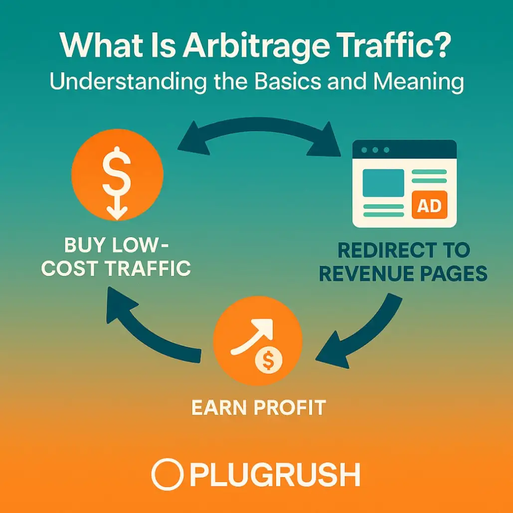 Infographic showing arbitrage traffic process: buy low-cost traffic, redirect to revenue pages, and earn profit.