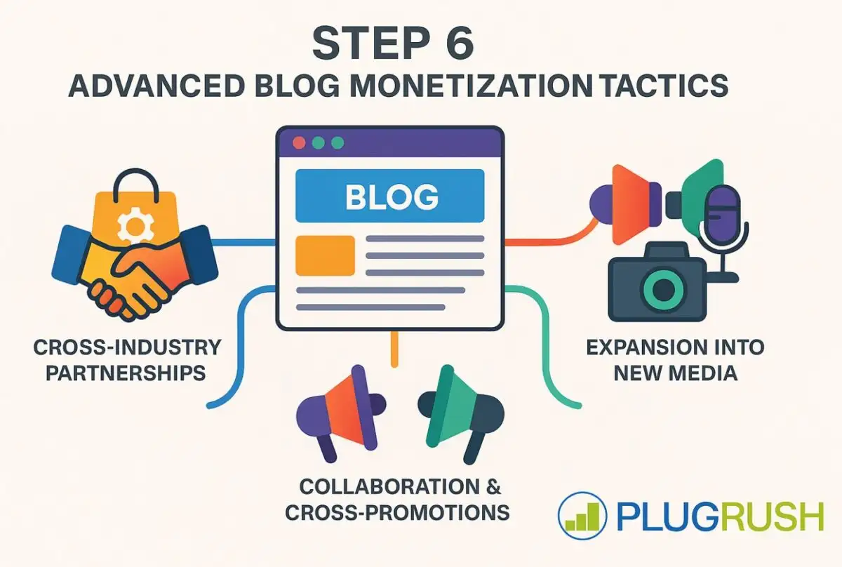 Step 6 infographic showing blog monetization tactics with icons for cross-industry partnerships, collaboration, and expansion into new media, plus PlugRush logo.