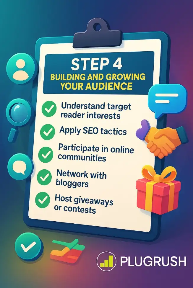 Colorful Step 4 checklist on a clipboard with icons for audience targeting, SEO, community engagement, networking, and giveaways, plus PlugRush logo.