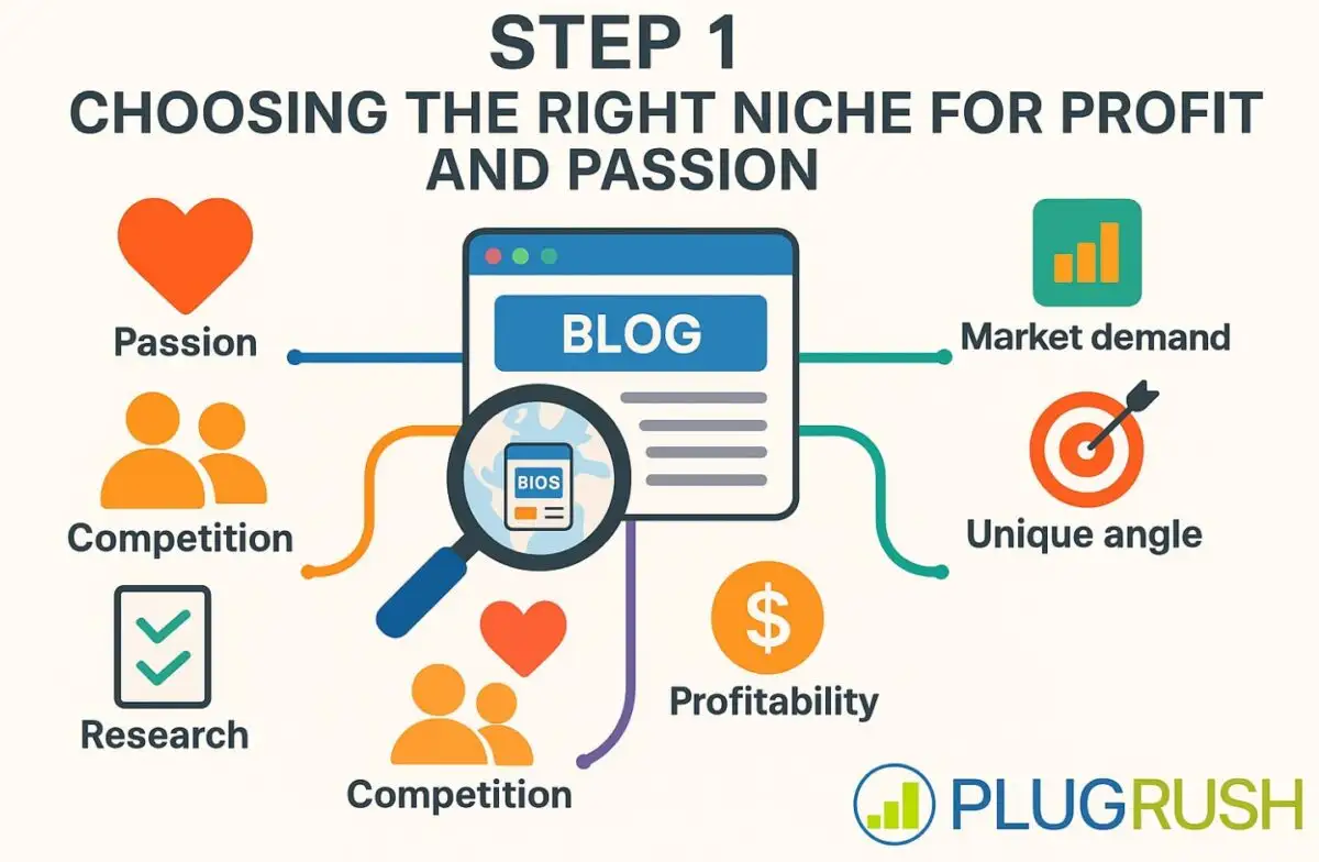 Step 1 infographic showing icons for passion, market demand, competition, expertise, and profitability, with PlugRush logo.