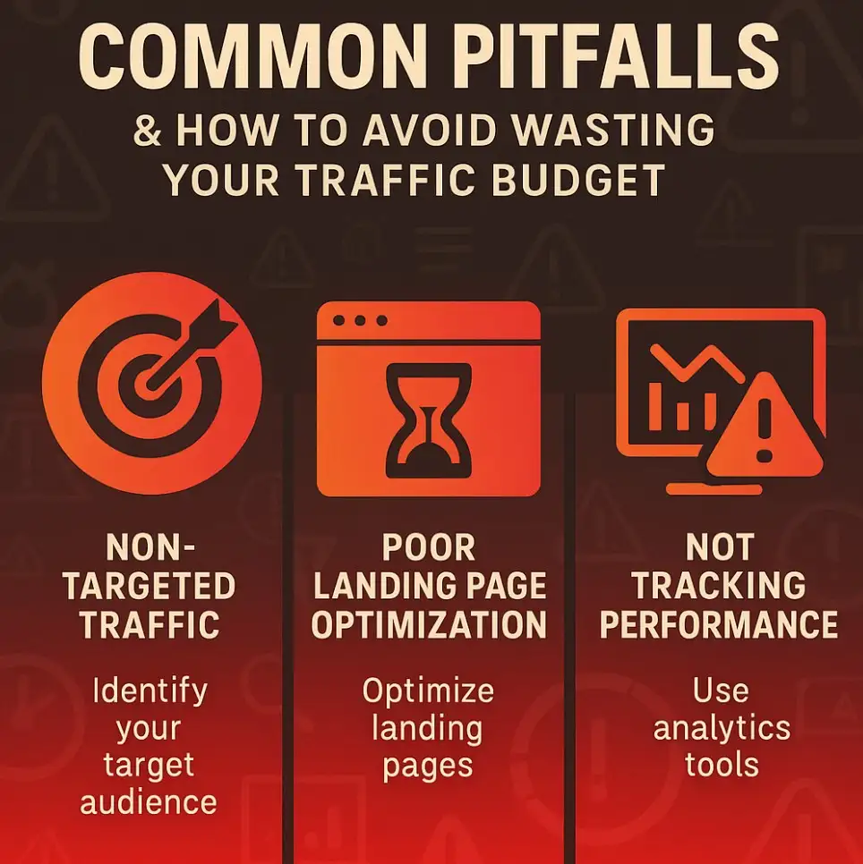 Infographic showing common pitfalls in traffic budgeting: non-targeted traffic, poor landing page optimization, and not tracking performance.