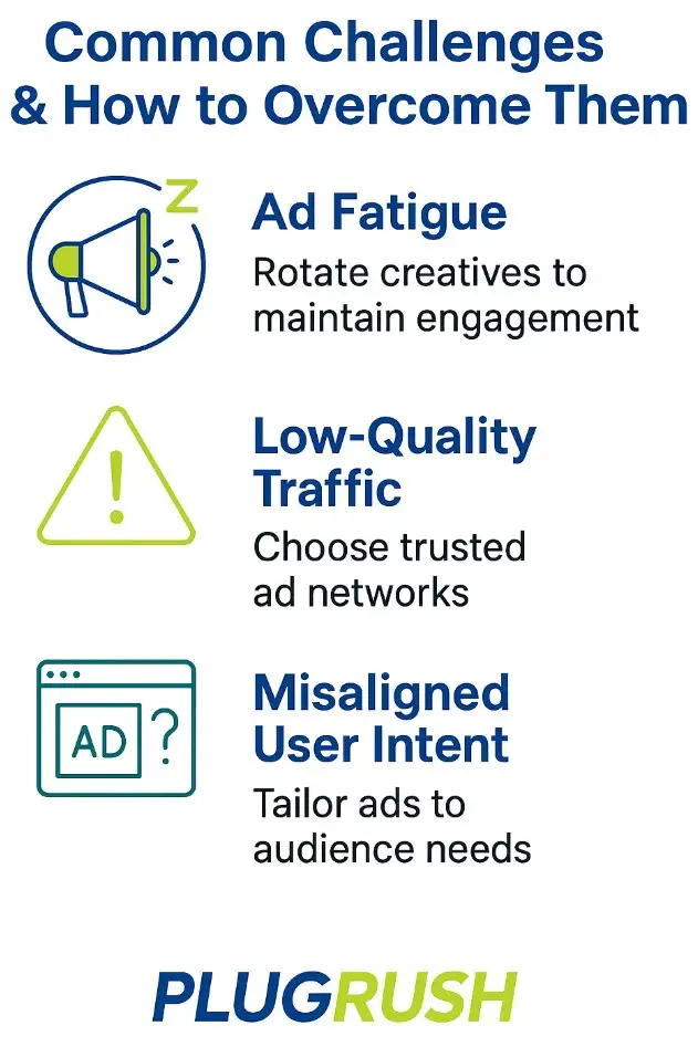 Flat infographic of popunder challenges—ad fatigue, low-quality traffic, misaligned intent—with fixes; includes PlugRush logo.
