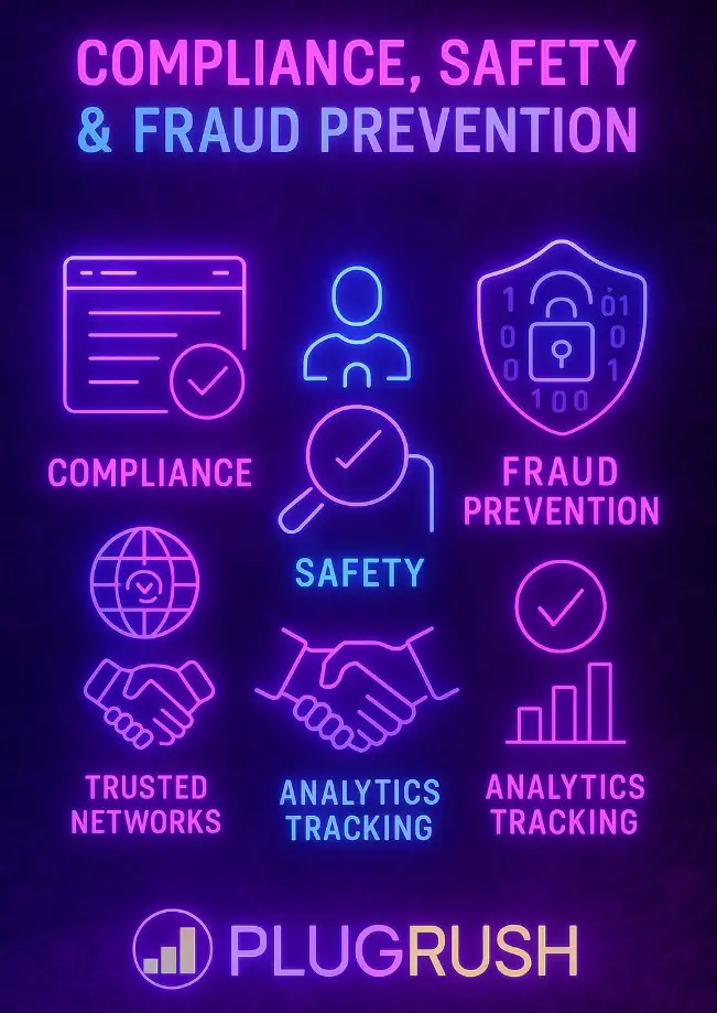 Infographic on compliance, safety, and fraud prevention with icons for trusted networks, analytics tracking, and security measures by PlugRush.