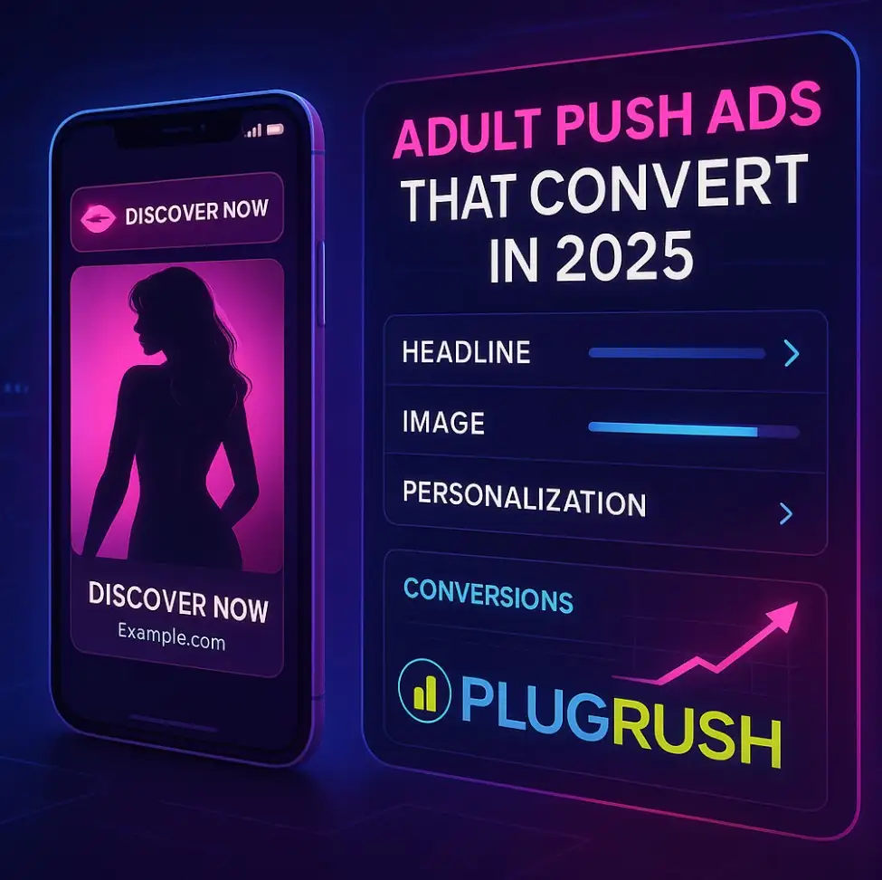 Futuristic design showing PlugRush tips for creating adult push ads that convert in 2025, with metrics and phone previewA