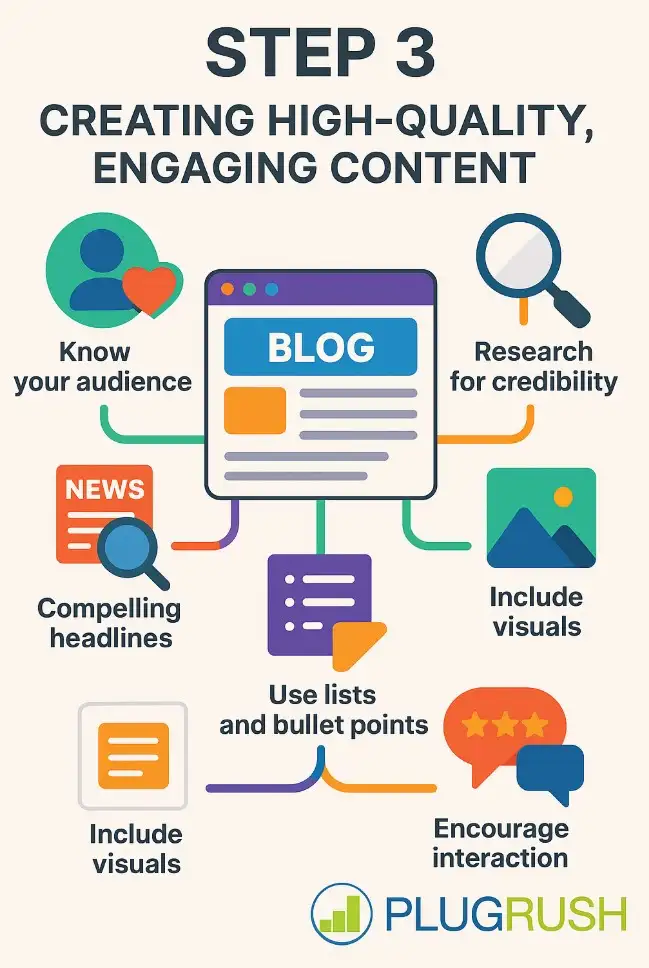 Step 3 infographic showing icons for knowing your audience, research, headlines, bullet lists, visuals, and interaction, with PlugRush logo.
