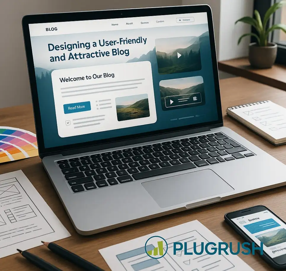 Modern workspace with laptop showing a blog design, surrounded by design tools, smartphone, and color swatches, PlugRush logo at bottom right.