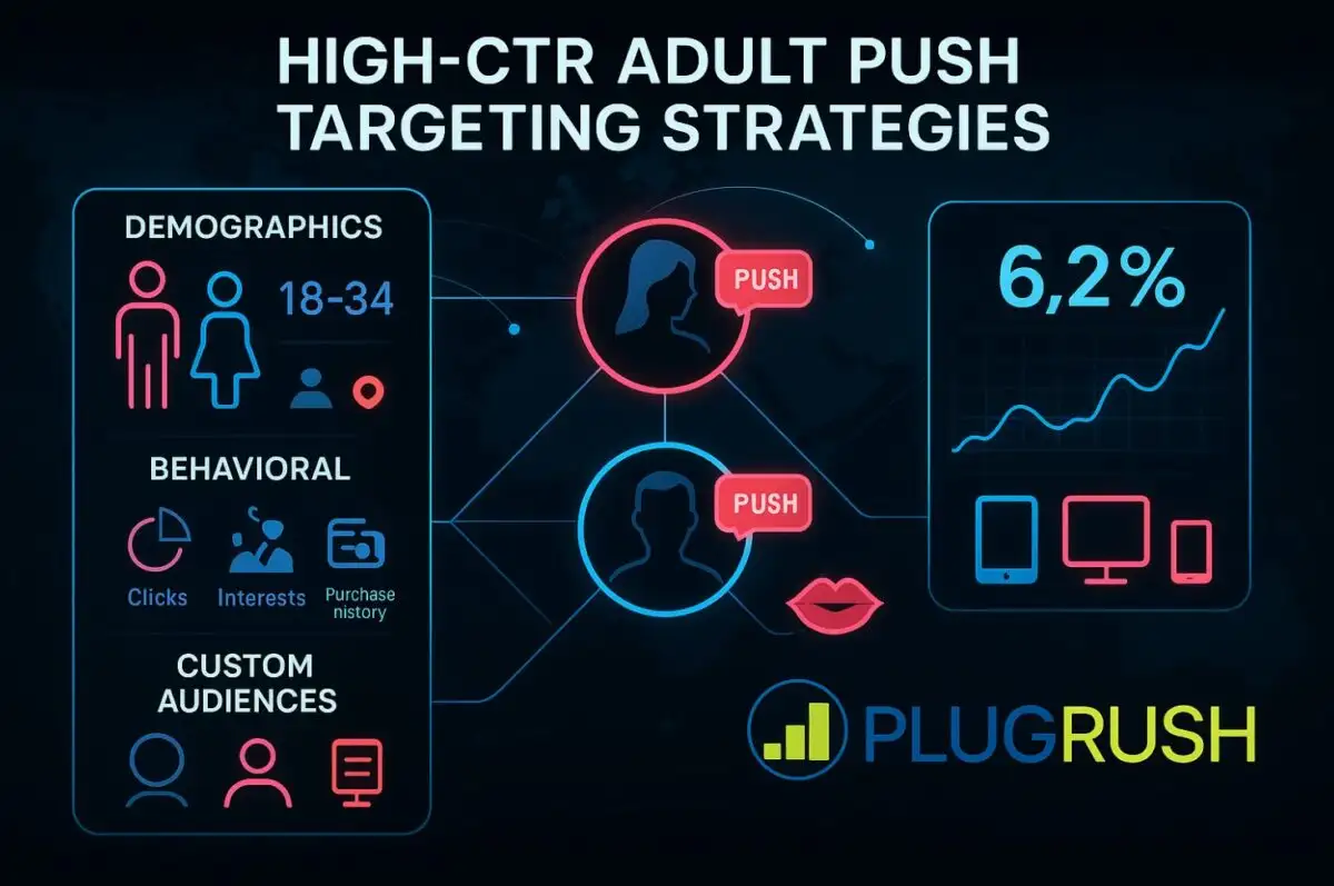 Infographic showing PlugRush strategies for high-CTR adult push ads using demographics, behavior, and audience data.