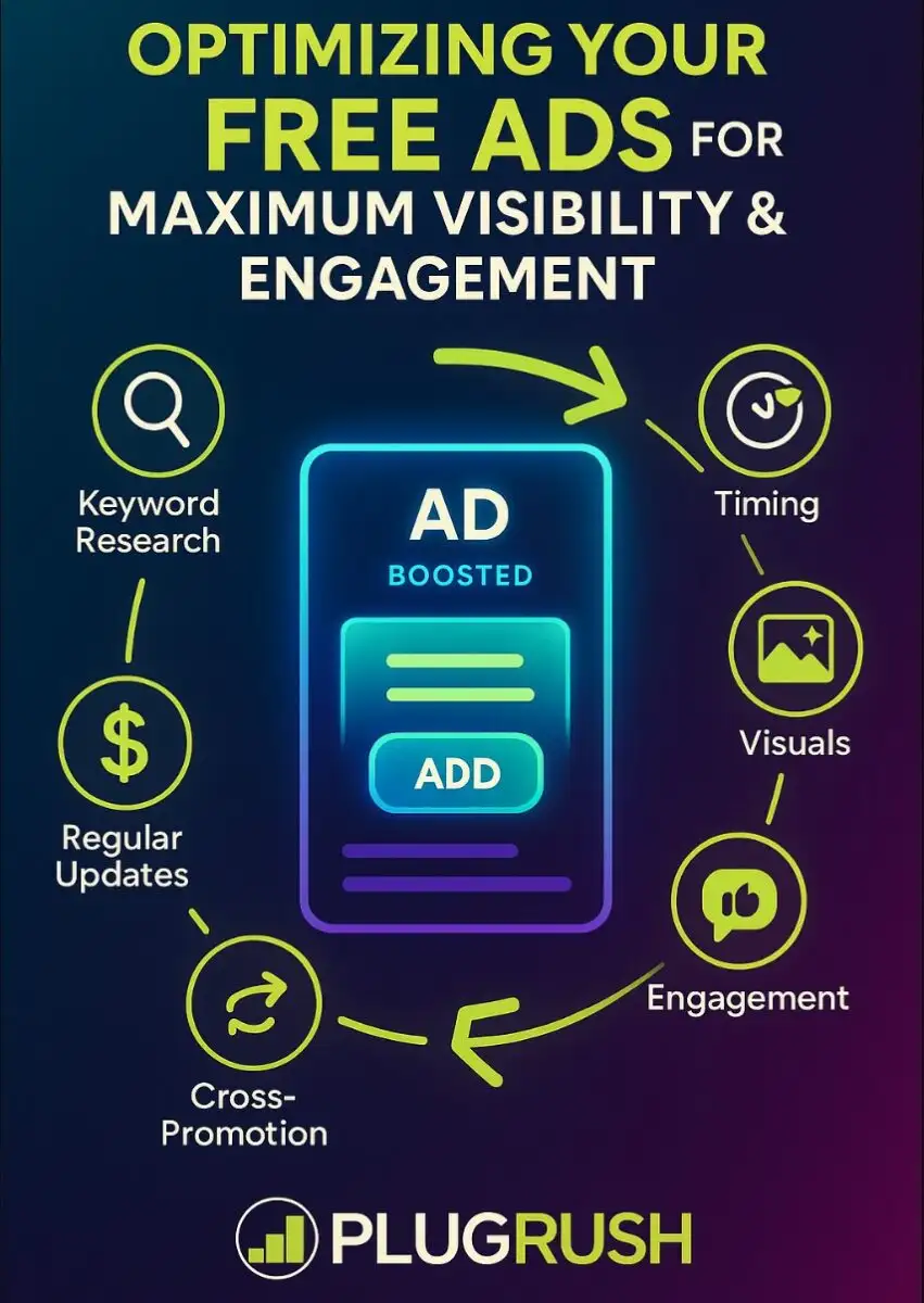 Infographic showing how to optimize free ads for visibility and engagement using keyword research, timing, visuals, updates, and PlugRush branding.