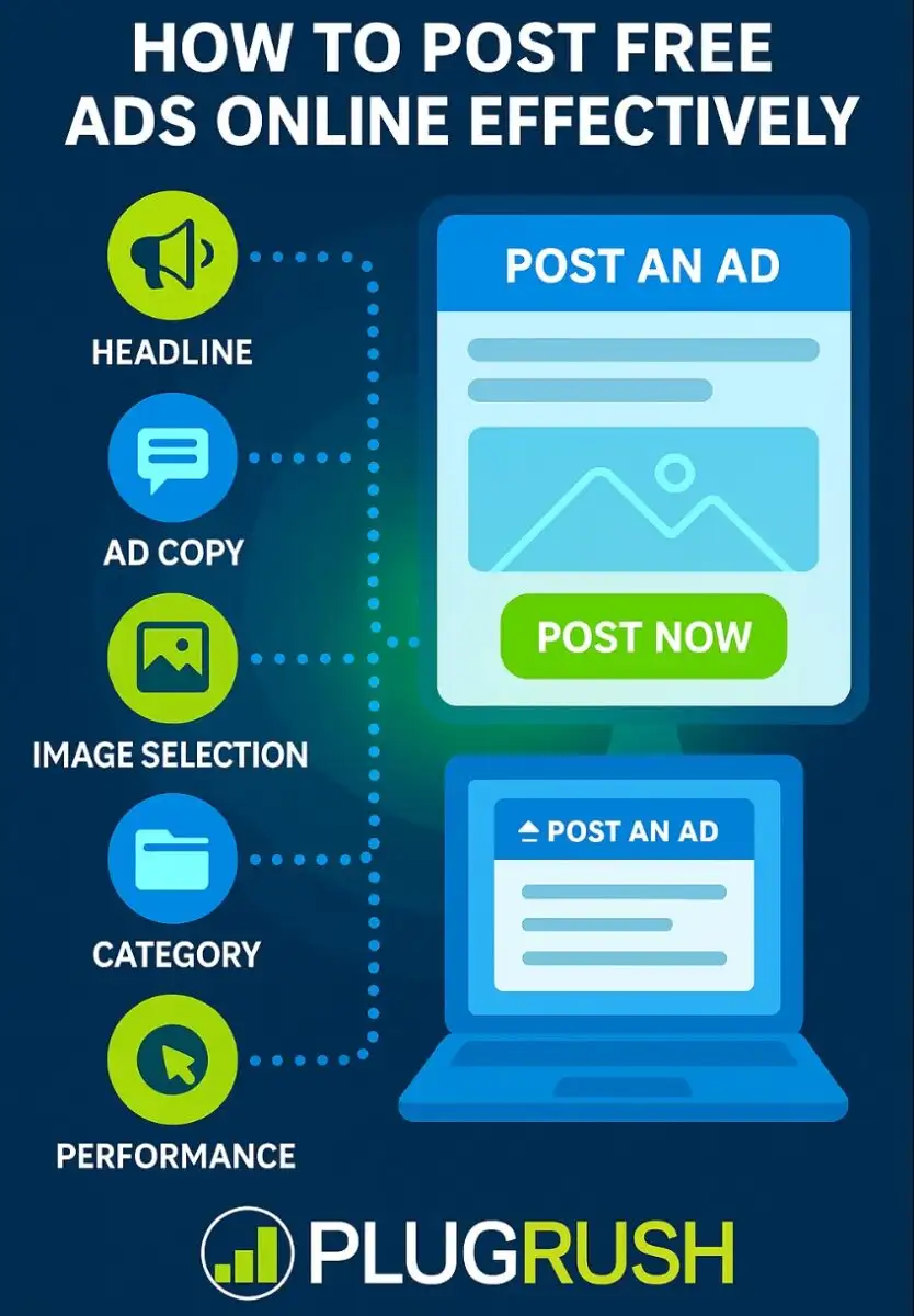 Infographic showing how to post free ads online effectively, highlighting headline, ad copy, image selection, category, and performance, with PlugRush logo.