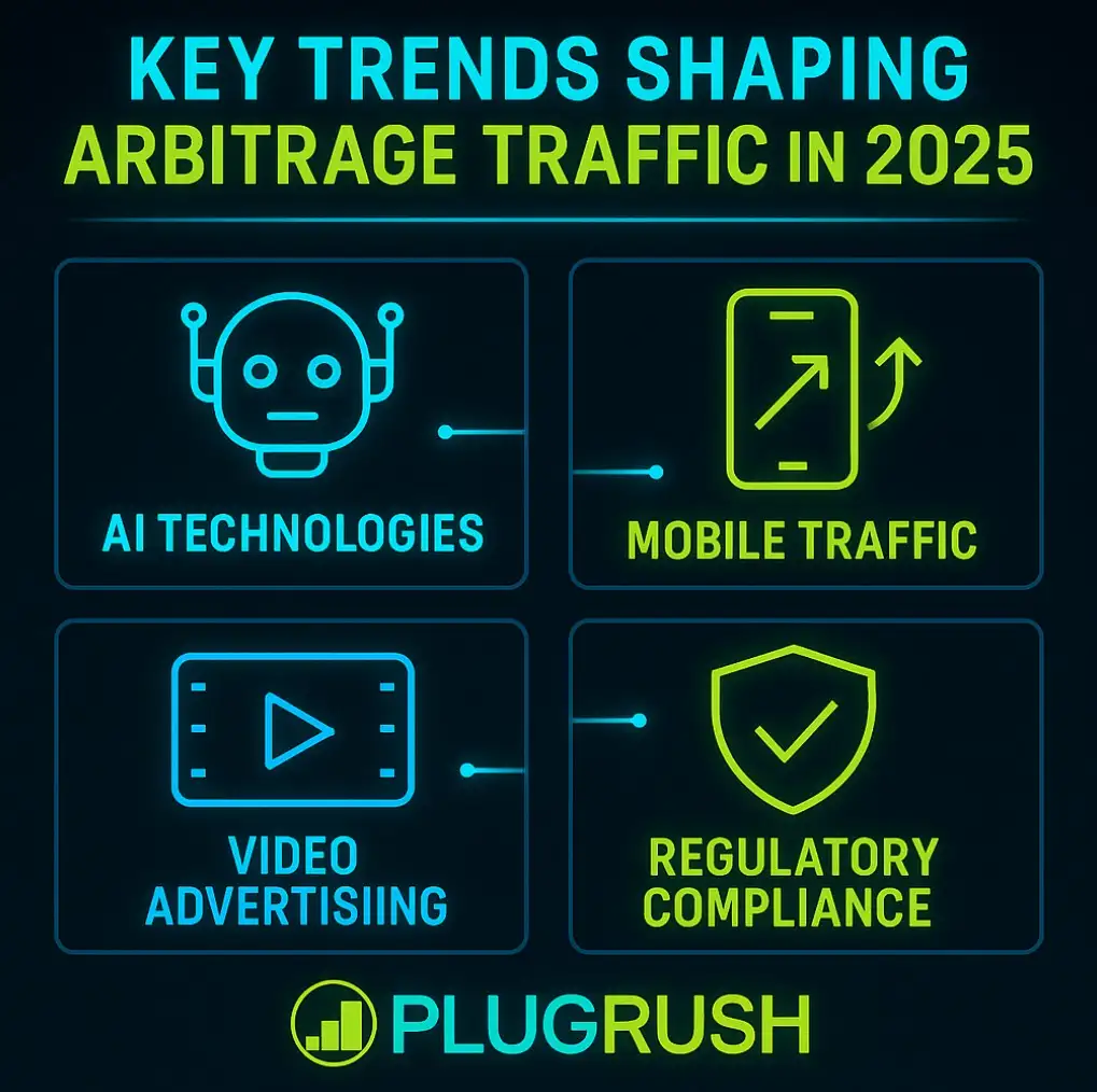 Infographic showing key trends shaping arbitrage traffic in 2025: AI technologies, mobile traffic, video advertising, and regulatory compliance.