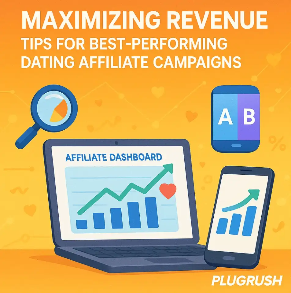 Illustration showing laptop and smartphone affiliate dashboards with growth charts, magnifying glass, and A/B testing icon, promoting PlugRush dating affiliate campaigns.