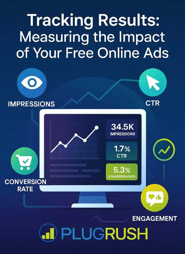 Infographic showing how to track results of free online ads using impressions, CTR, conversion rate, and engagement metrics, with PlugRush branding.