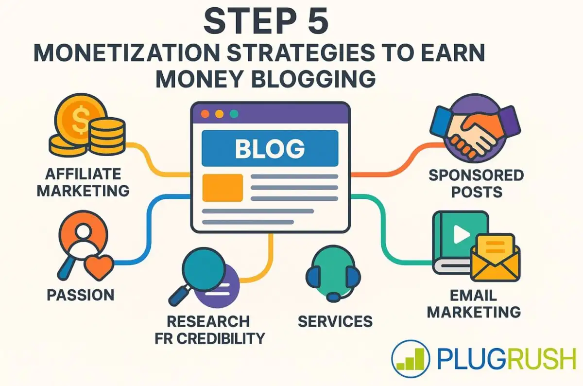 Step 5 blogging monetization infographic on how to make money online blogging with icons for affiliate marketing, display ads, sponsored posts, digital products, services, subscriptions, and email marketing