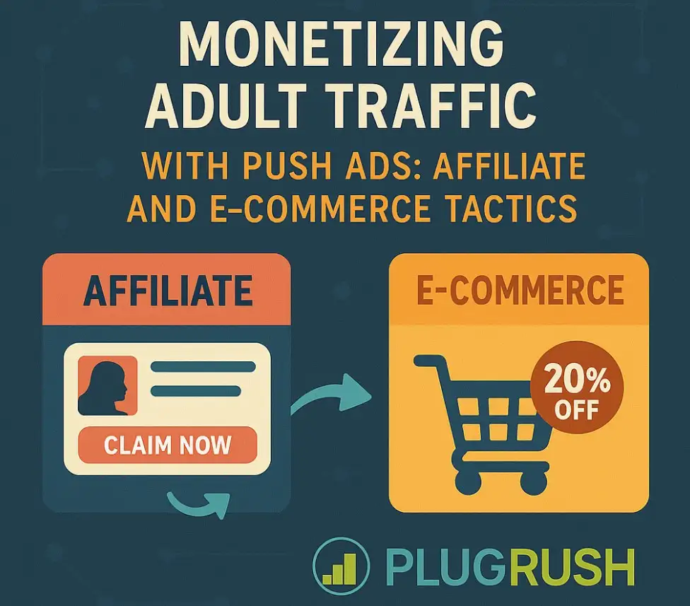 PlugRush infographic showing affiliate and e-commerce tactics for monetizing adult traffic with push ads.