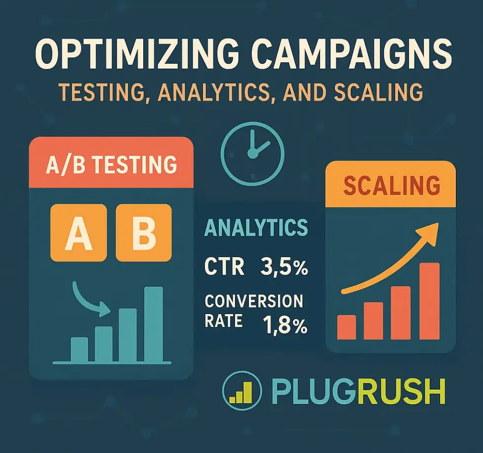PlugRush graphic showing A/B testing, analytics, CTR, and scaling tips for optimizing adult push ad campaigns.