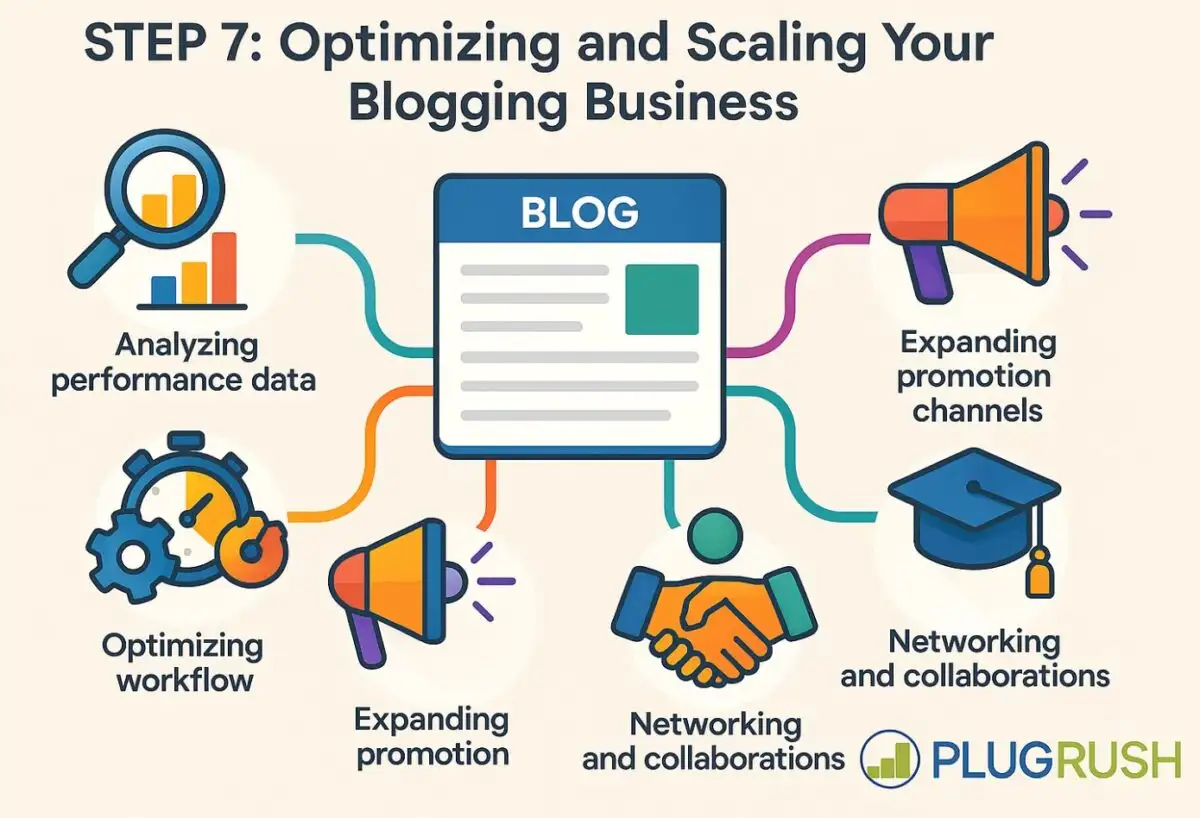 Step 7 infographic with icons for data analysis, workflow, promotion, networking, and skills, plus PlugRush logo.