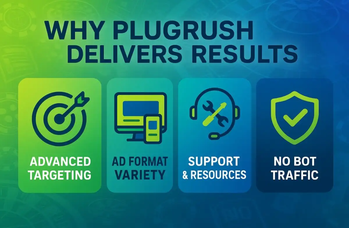 An infographic of why plugrush delivers results, including advanced targeting and no bot traffic.