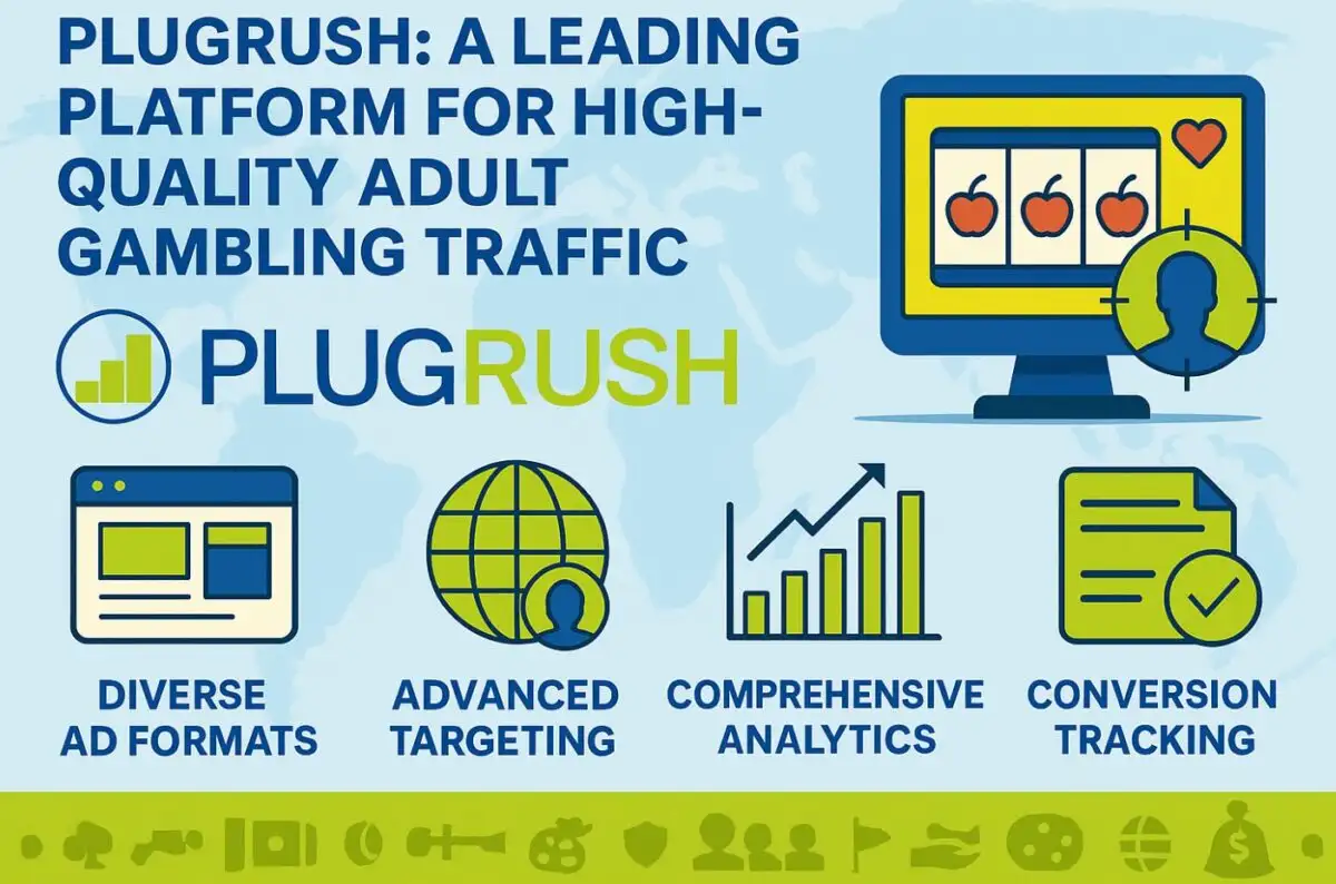 PlugRush infographic showing diverse ad formats, targeting, analytics, and conversion tracking for adult gambling traffic.