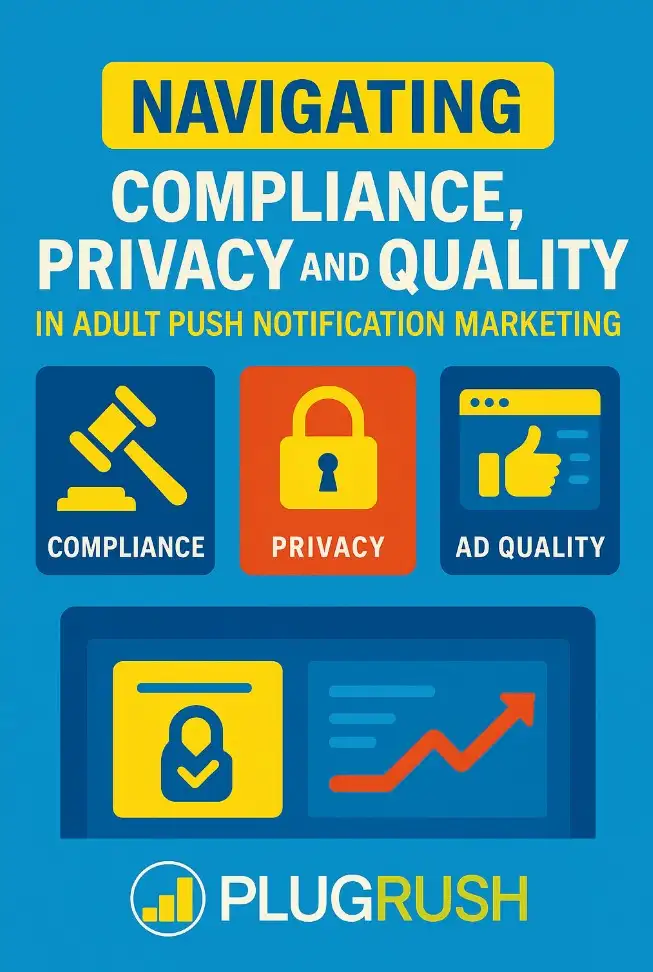 PlugRush graphic on navigating compliance, privacy, and ad quality in adult push notification marketing.