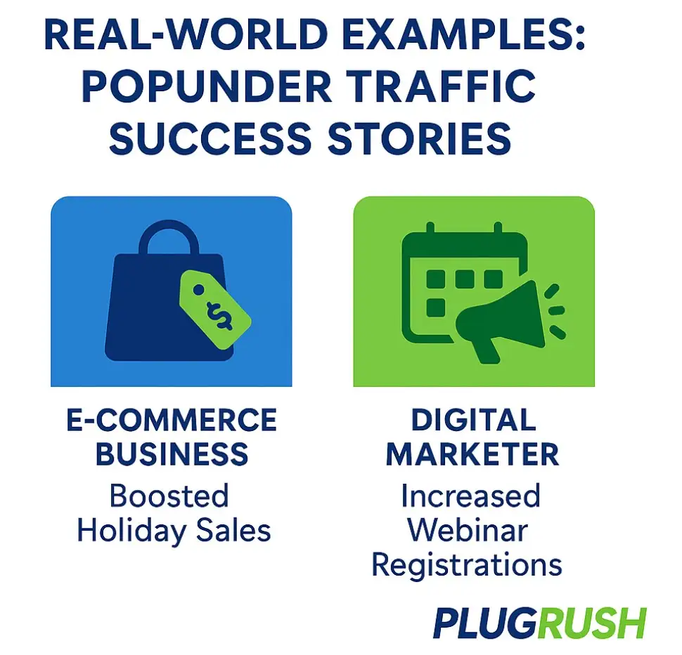 Flat infographic of popunder success: e-commerce boosted holiday sales; digital marketer increased webinar signups; includes PlugRush logo.
