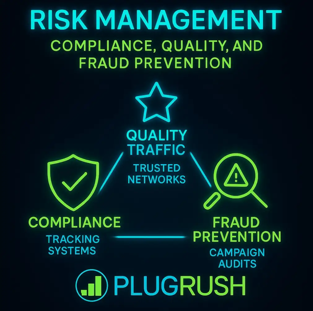 Infographic showing risk management in arbitrage traffic with compliance, quality traffic, and fraud prevention.