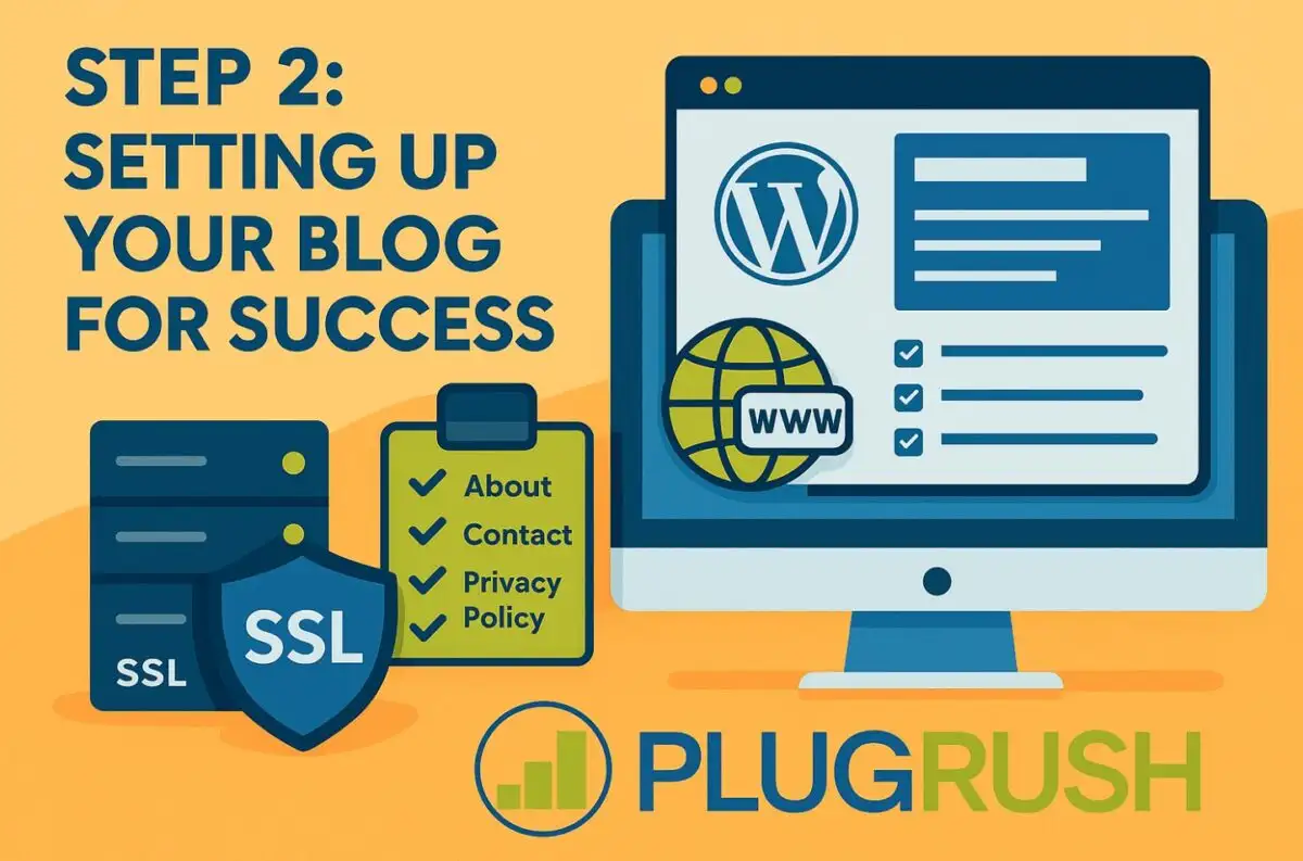 Flat design illustration for Step 2 of blog setup, featuring WordPress screen, server with SSL shield, checklist, globe icon, and PlugRush logo