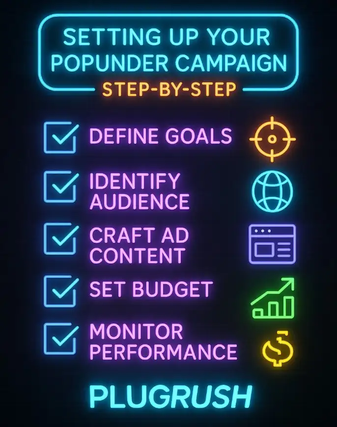 3D neon checklist for setting up a popunder campaign with steps for goals, audience, ad content, budget, performance, and PlugRush logo.