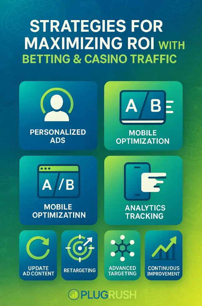 Infographic on strategies for maximizing ROI with betting and casino traffic, including ads, optimization, tracking, targeting, and retargeting.