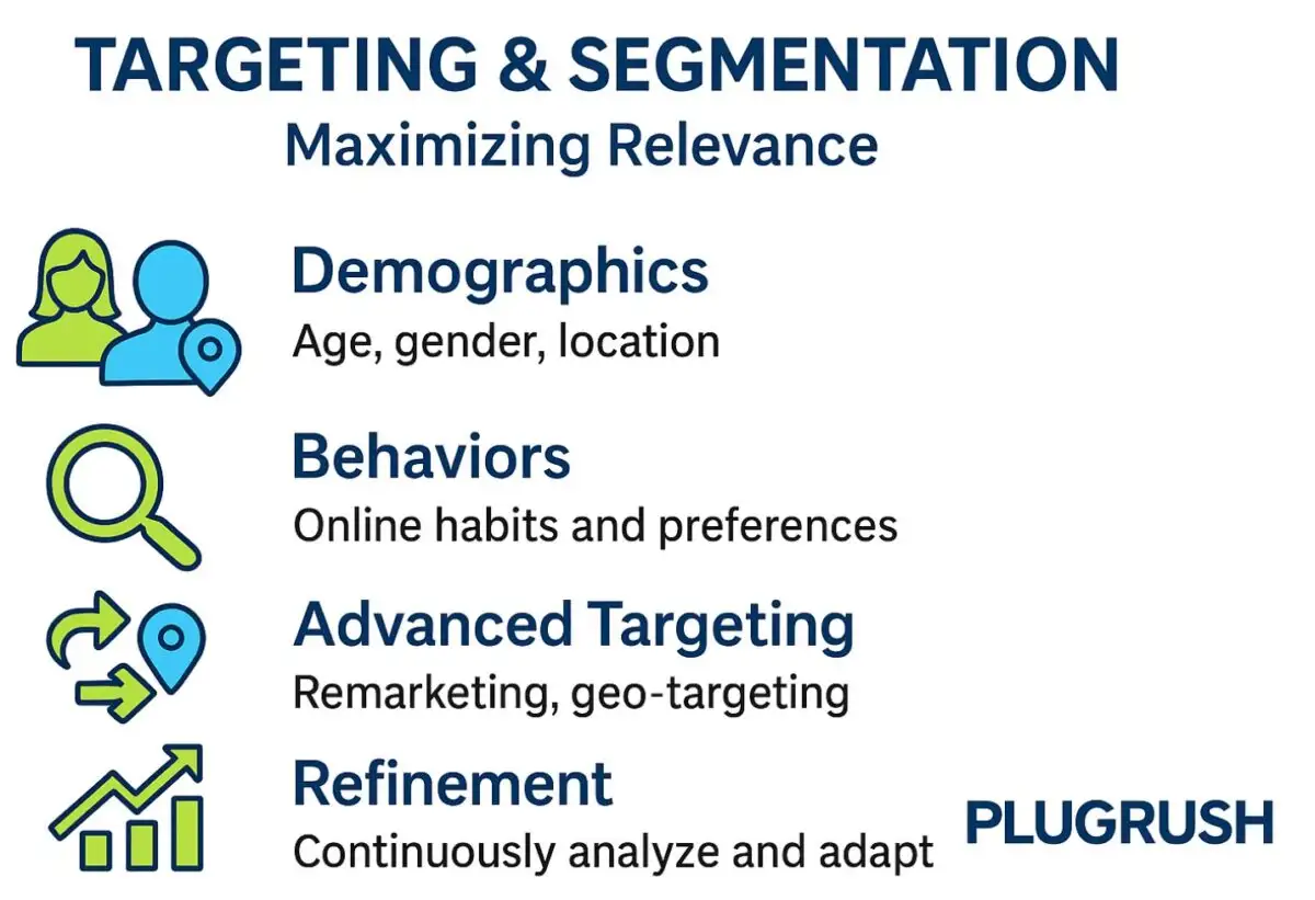 Flat infographic on popunder targeting and segmentation: demographics, behaviors, advanced targeting, and refinement. PlugRush logo.