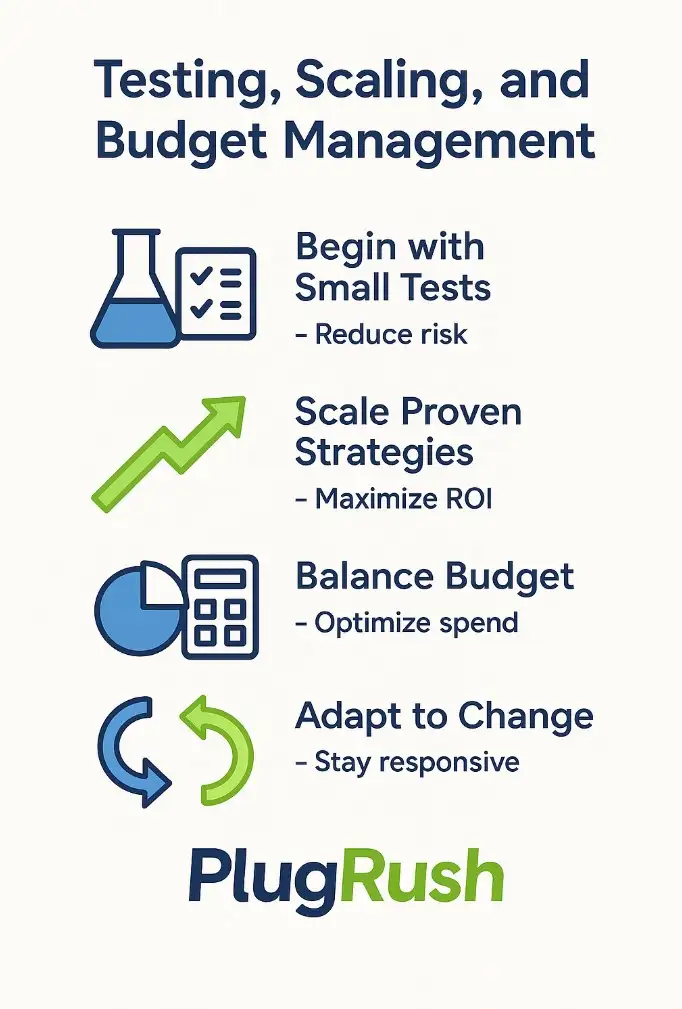 Flat infographic for popunder testing, scaling, and budget—start small, scale winners, optimize spend, adapt; includes PlugRush logo.