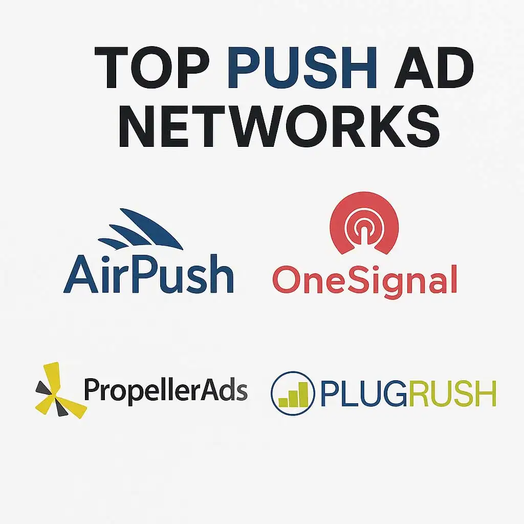 Graphic showing the top 4 push ad networks, including AirPush, OneSignal, PropellerAds and PlugRush.
