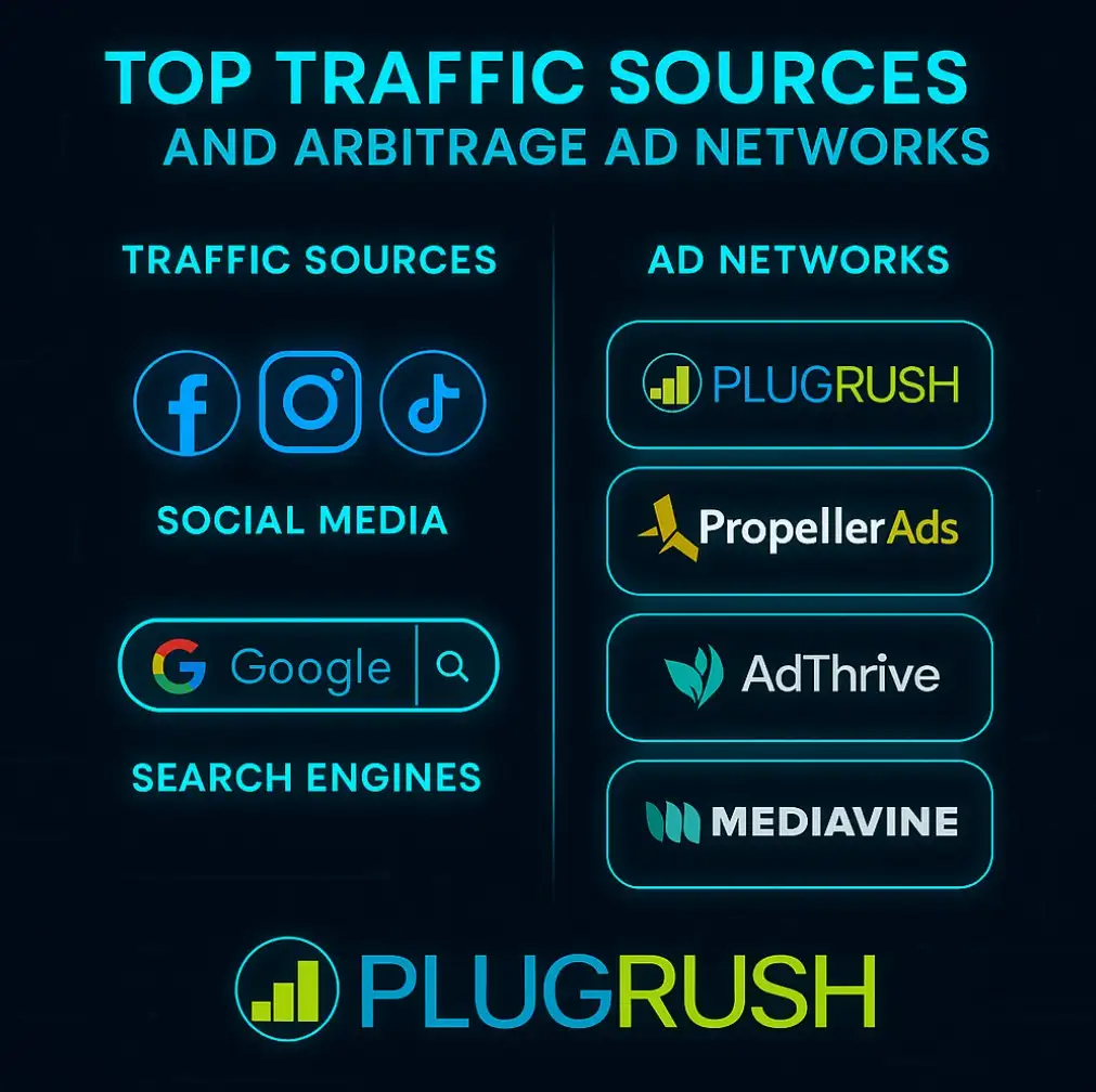 Infographic showing top traffic sources like social media and search engines, and ad networks including PlugRush, PropellerAds, AdThrive, Mediavine.