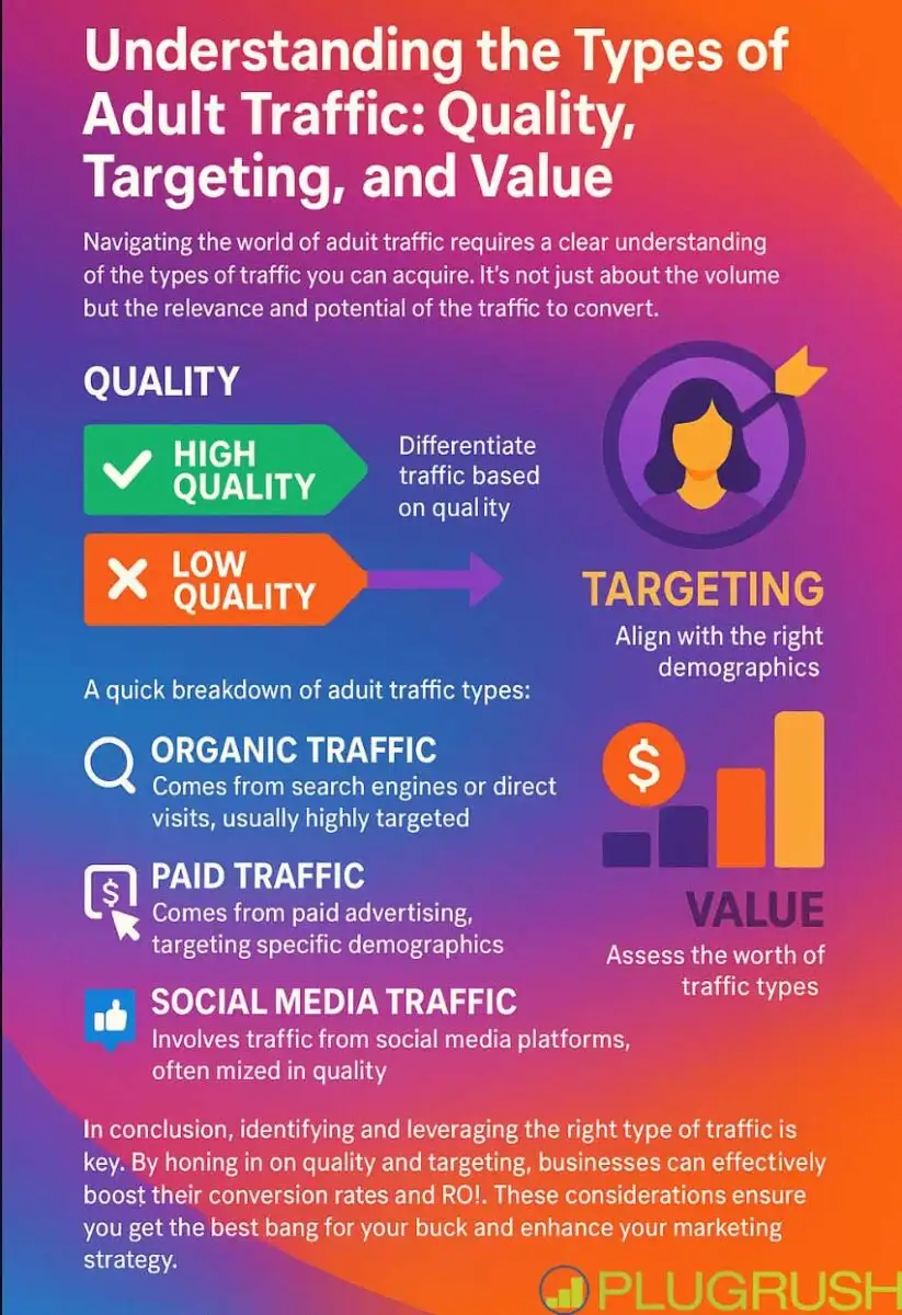 Infographic explaining with text and images what adult website traffic is, focusing on organic and paid traffic.