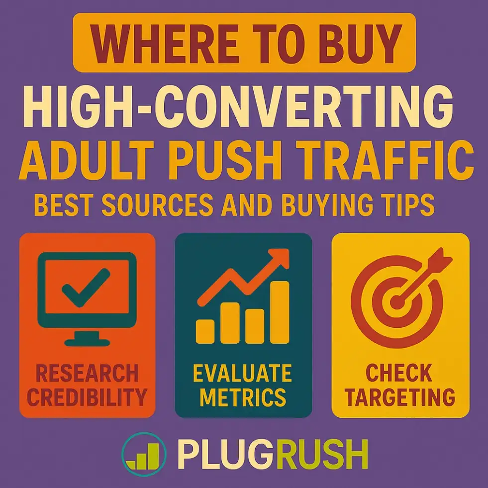 PlugRush image showing where to buy high-converting adult push traffic with tips on credibility, metrics, and targeting