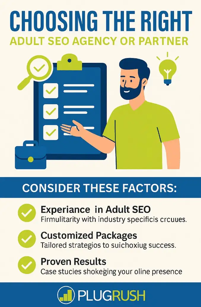 Infographic on choosing the right adult SEO partner: experience, customized packages, proven results, communication, PlugRush logo.
