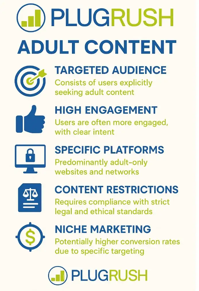 Infographic with PlugRush branding showing adult content traffic traits: targeted audience, high engagement, specific platforms, restrictions, niche marketing.