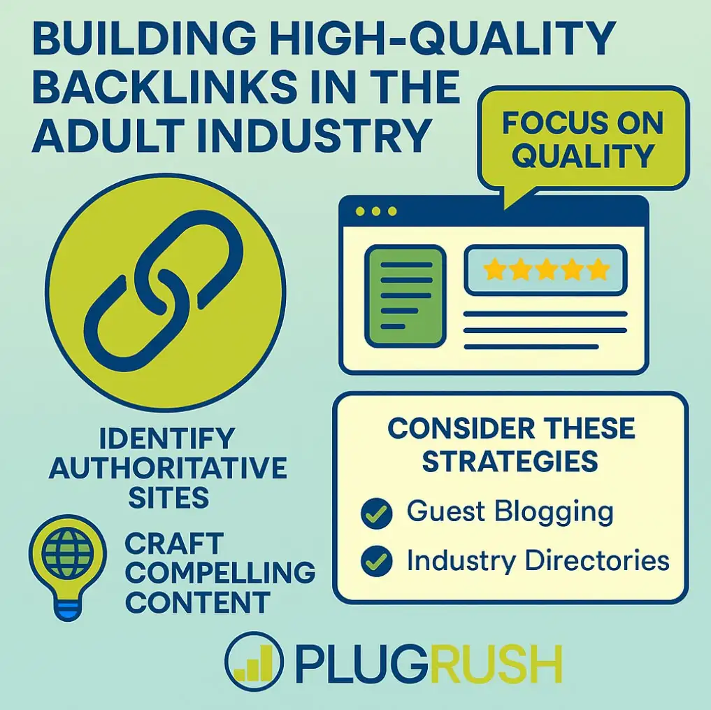 Infographic on building backlinks in the adult industry: quality focus, guest blogging, directories, authoritative sites, PlugRush logo.