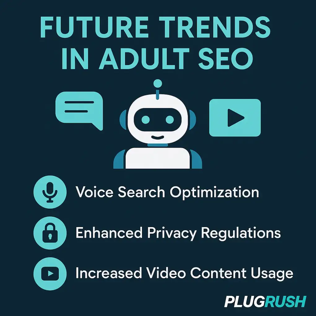 Infographic on future trends in adult SEO: AI-driven strategies, voice search, privacy rules, video content, with PlugRush logo
