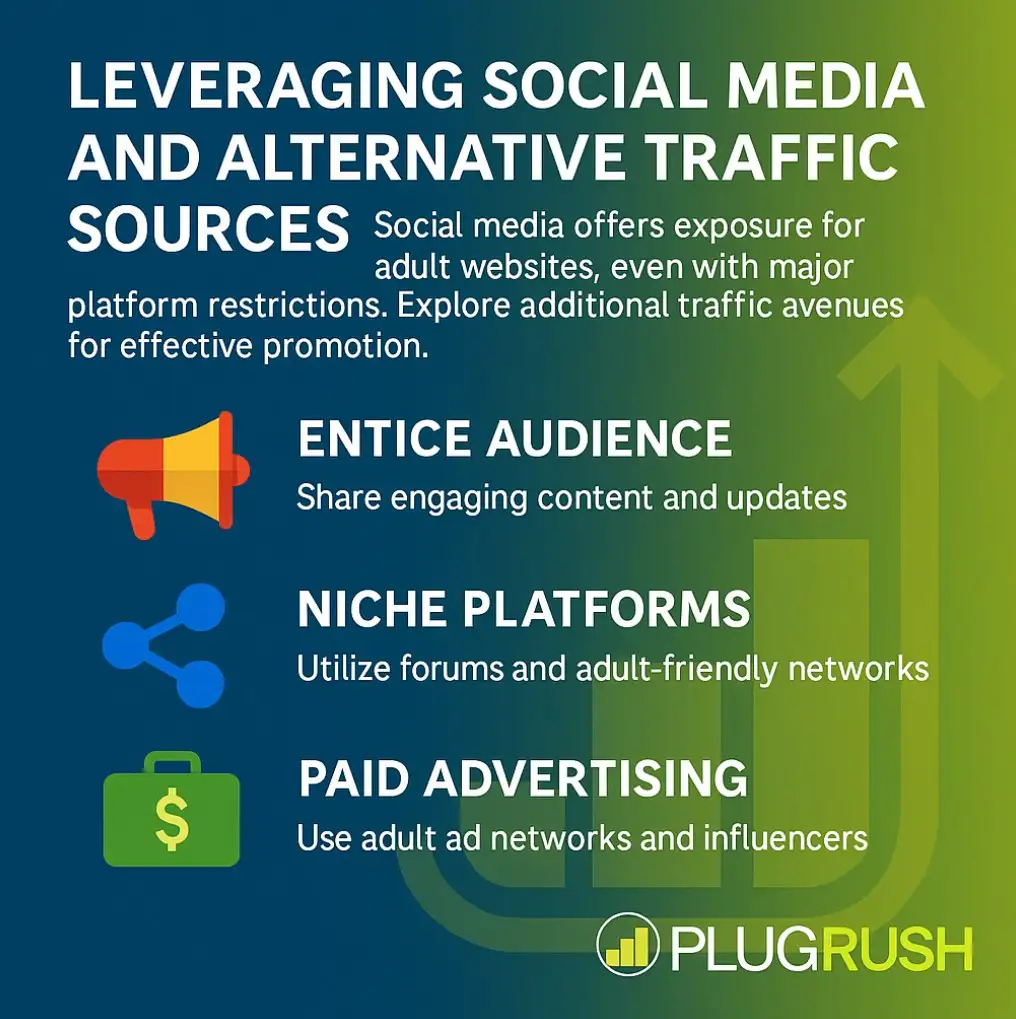 Infographic on leveraging social media and traffic sources: entice audience, niche platforms, paid ads, influencers, PlugRush logo.